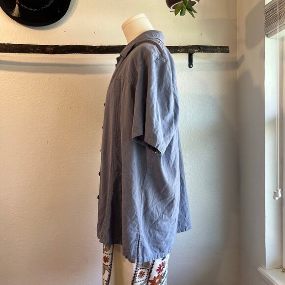 Vintage 90s Blue Textured Silk Button Front Short Sleeve Oversized Shirt Size XL - Picture 5 of 9